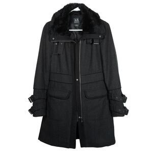 Armani Exchange AX Wool Blend Coat Twill Pockets Buckles Faux Fur Neckline Small